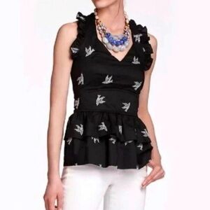 Anthropologie Black Ruffled Sleeveless Halter Top with Bird Embroidery size 4
